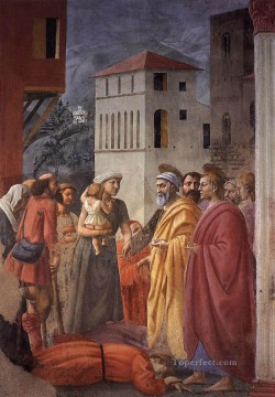 company of captain reinier reael known as themeagre company Painting - The Distribution of Alms and the Death of Ananias Christian Quattrocento Renaissance Masaccio